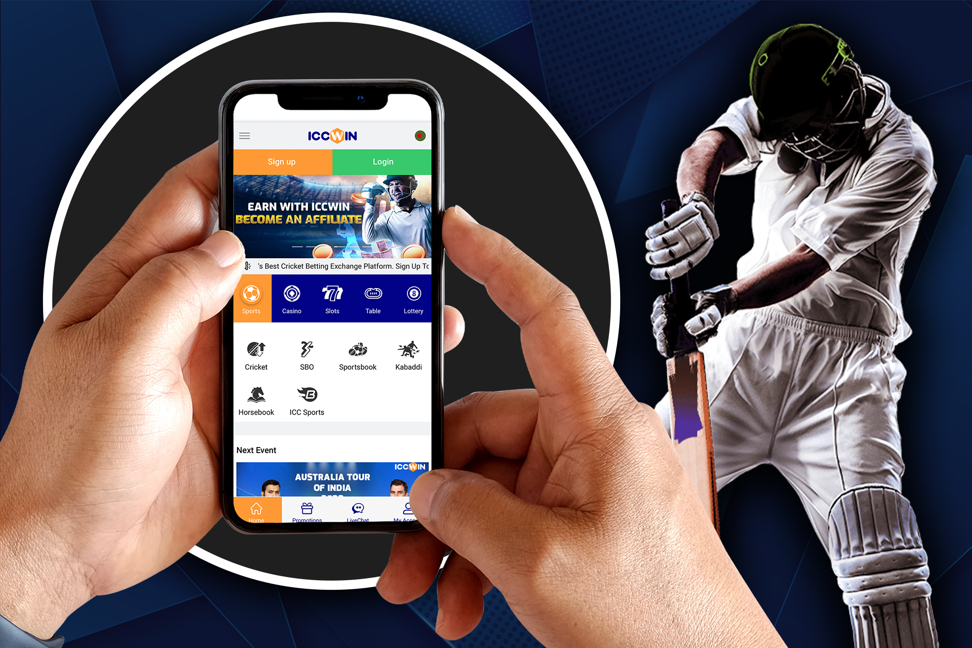 Place bets on cricket via the ICCWIN app.